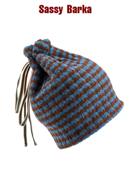SassyBarka蓝咖撞色条纹抽绳系带针织包头保暖帽子围脖秋冬男女