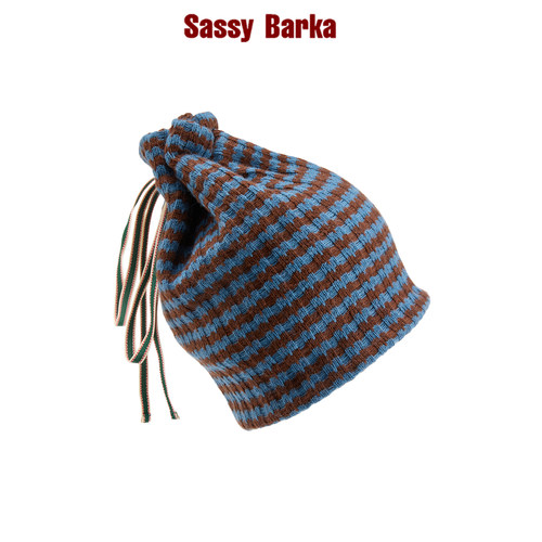 SassyBarka蓝咖撞色条纹抽绳系带针织包头保暖帽子围脖秋冬男女