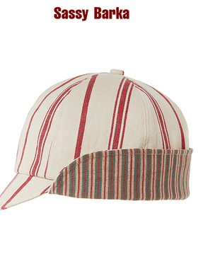 SassyBarka春夏复古骑行翻檐护耳鸭舌帽子红白撞色条纹薄款男女