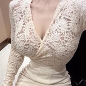 打底衫 思瑞 高克重保暖弹力质感长袖 显胸修身 立体花交叉蕾丝上衣