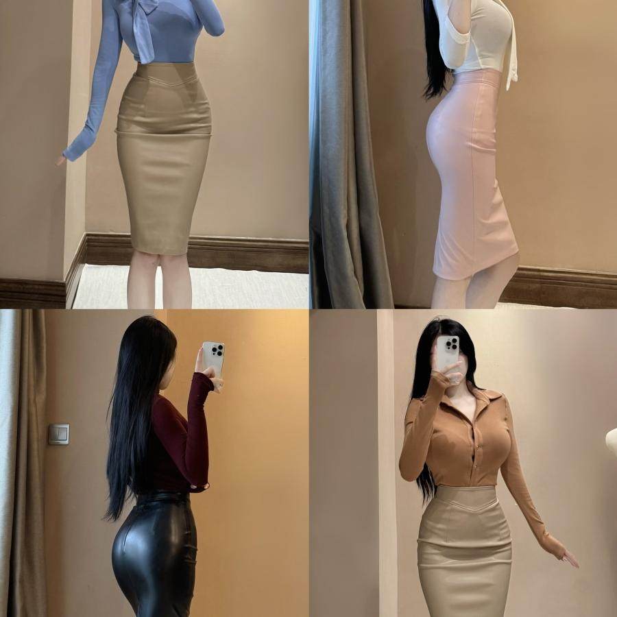 思瑞 黄金腰臀比中长皮裙 黑杏粉高弹高级感日常百搭修身包臀裙