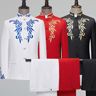 中山装男青年中式礼服大码主持人西服民族表演民乐合唱团演出服