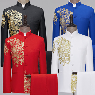 男士中山装中式新郎结婚礼服中国风刺绣主持人大码唐装合唱演出服