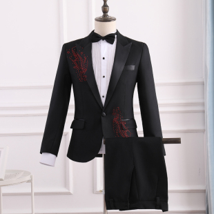 演出服成人宴会主持人合唱团男士影楼黑色西服套装青年歌手表演服