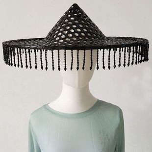 古风黑色流苏斗笠走秀帽子串珠帽拍照道具舞蹈古装缕空帽侠女帽