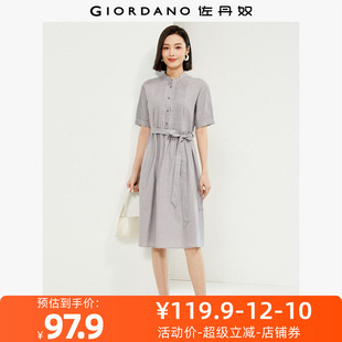 佐丹奴裙子女装天然麻棉梭织压褶绑带小立领连衣裙 13464202