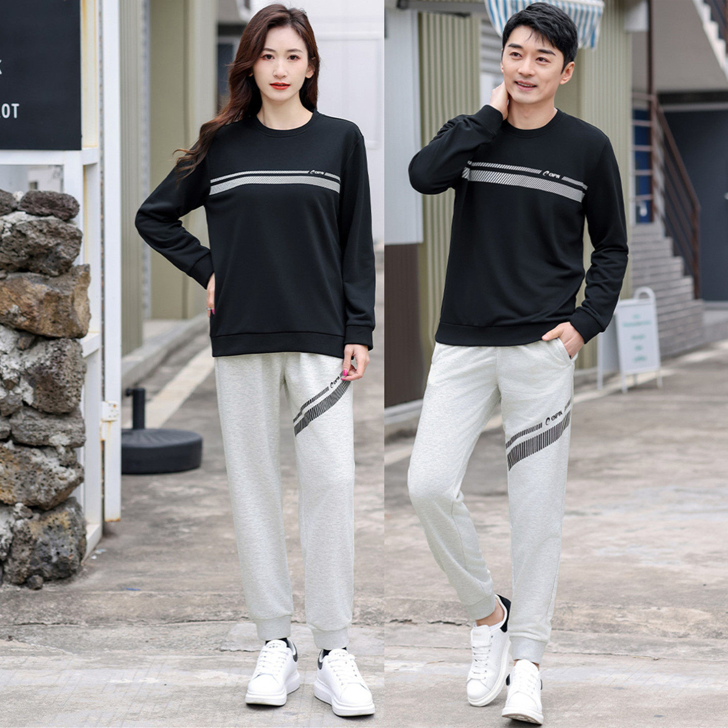 男女运动套装情侣装春秋圆领长袖卫衣休闲两件套晨跑健身健走服装