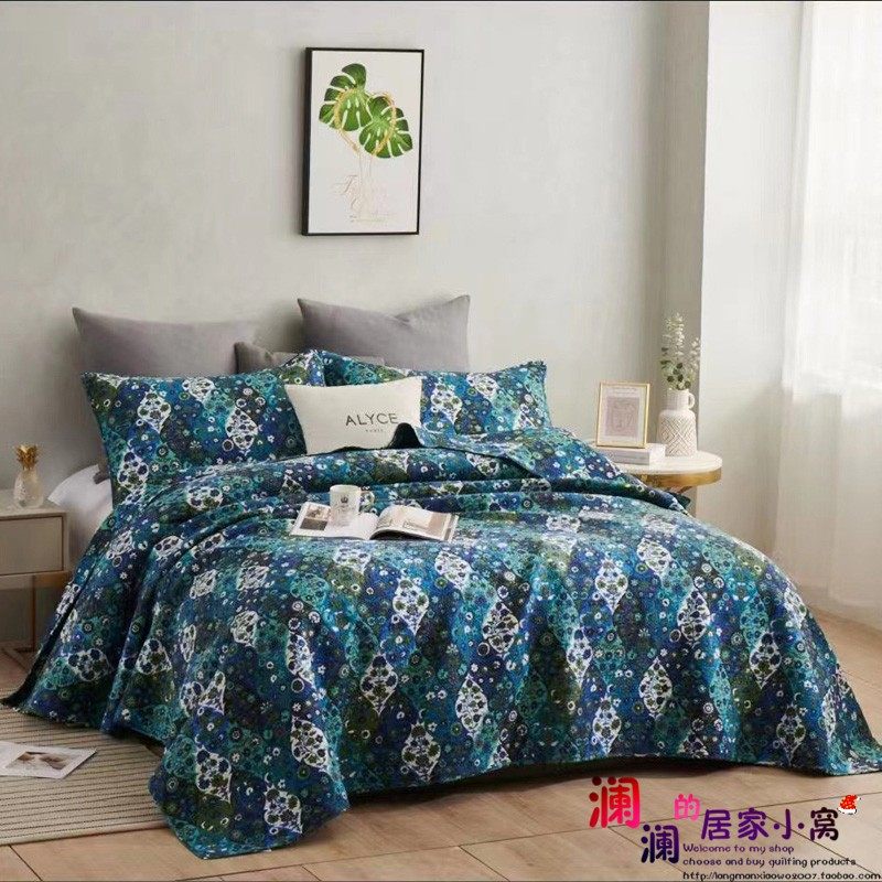 蓝色外贸出口全棉床盖三件套韩国水洗绗缝被欧式夹棉纯棉床单床品