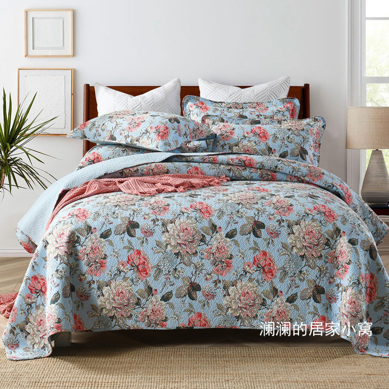 美式外贸出口全棉床盖三件套韩国水洗绗缝被欧式夹棉纯棉床单床盖