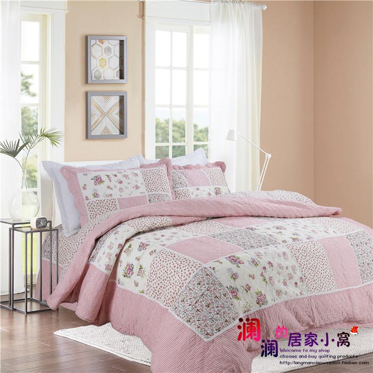 外贸粉色韩式田园纯棉绗缝被三件套床盖床罩空调被夏凉被