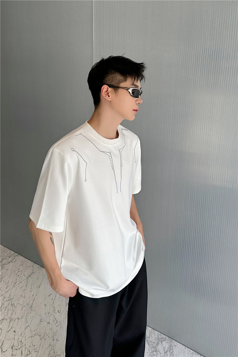 24年夏季新款潮流时髦个性银色刺绣装饰小众设计感T恤男女D46-P70,男装T恤,星座1304（原C205）