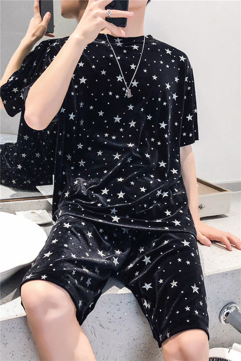 21夏新款金丝绒舒适肌感透气凉爽满天星T恤短裤套装男女CF05-P85,男装休闲套装,星座1304（原C205）