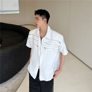 23年夏季新款潮流时髦个性多拉链装饰大垫肩宽松短袖衬衣S230-P95图片
