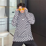 22春新款潮流雅痞宽松休闲个性黑白棋盘格文艺半高领长袖T恤P70，男装卫衣，星座1304（原C205）