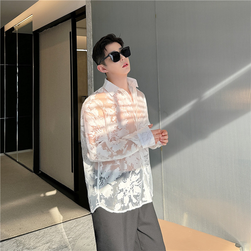 24年夏季新款潮流时髦个性可透视薄纱休闲造型衬衣防晒衣S276-P75,男装衬衫,星座1304（原C205）