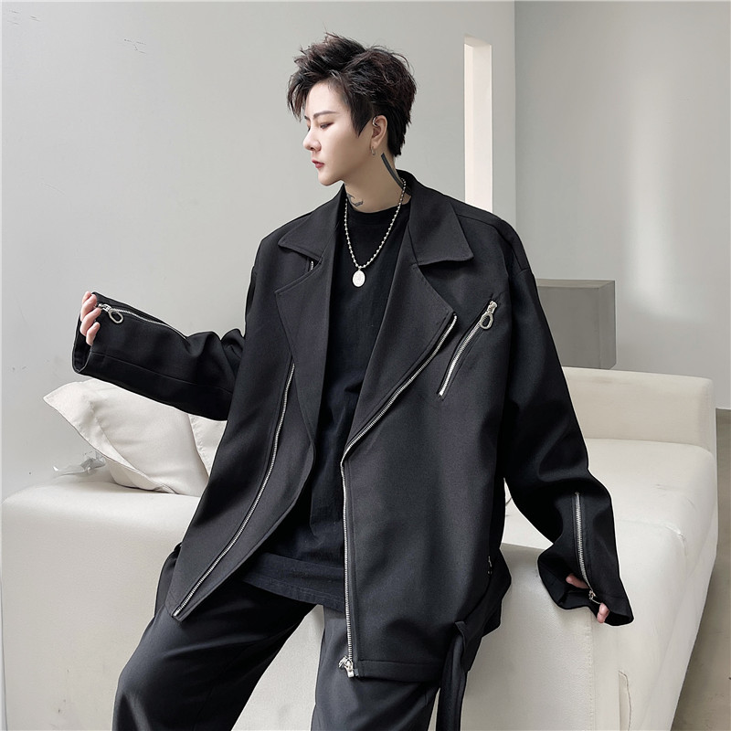 22年春新款个性设计多拉链带腰带不对称门襟西服领夹克T021-P150，男装夹克，星座1304（原C205）