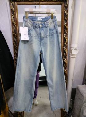 欧货2025春新款时尚百搭高腰弹力刺绣直筒裤拖地牛仔裤女99326