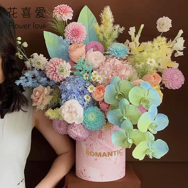 浪漫风花束包装盒大理石纹圆形盒