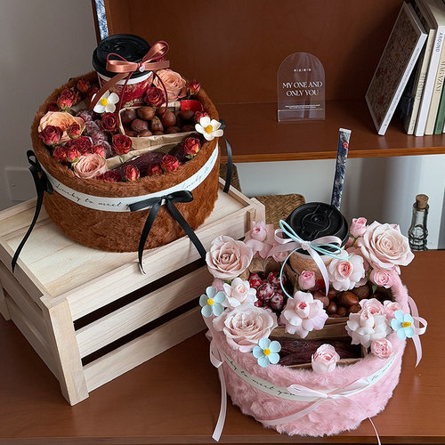 秋冬栗刻好运盒鲜花束毛绒抱抱桶