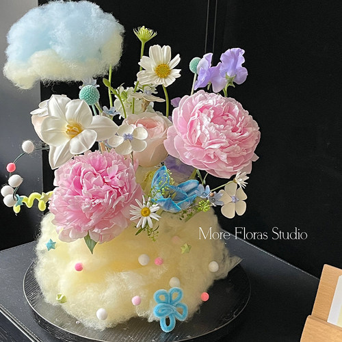 花束造型棉花爱心装饰云朵棉花店