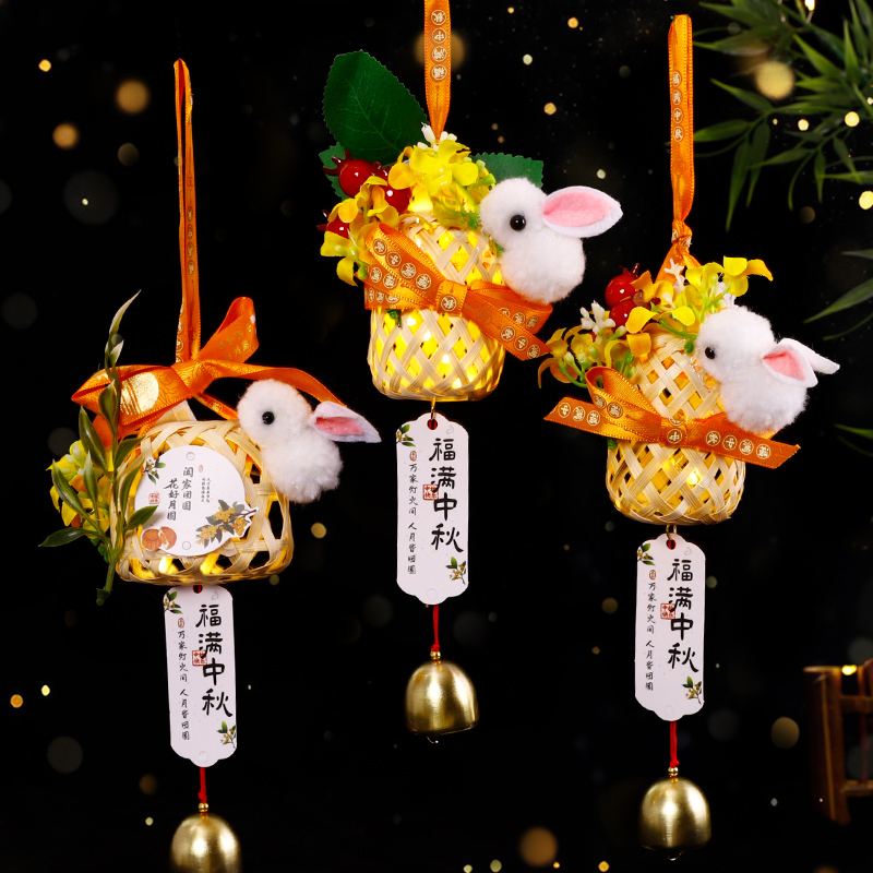 竹编灯笼玉兔手提发光古风小花灯