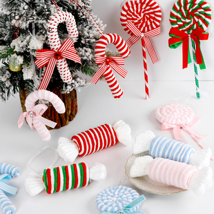 饰挂件红白条纹针织花束装 毛线糖果拐杖装 饰品 圣诞节新品 花喜爱