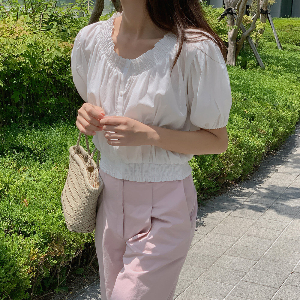BSYY 韩国代购直邮 夏季新款 韩版白色纯棉褶皱娃娃短袖衬衫上衣