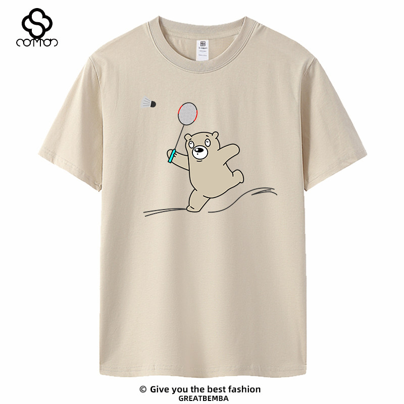 新款好看的卡通熊印花羽毛球文化衫短袖T恤男女款运动休闲大码夏,男装,T恤,淘宝优惠券,粉丝福利购,淘宝优惠卷