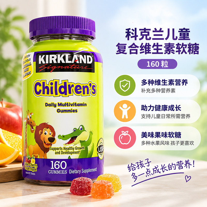 美国Kirkland柯克兰儿童复合维生素ABCDE矿物质膳食补充软糖160粒