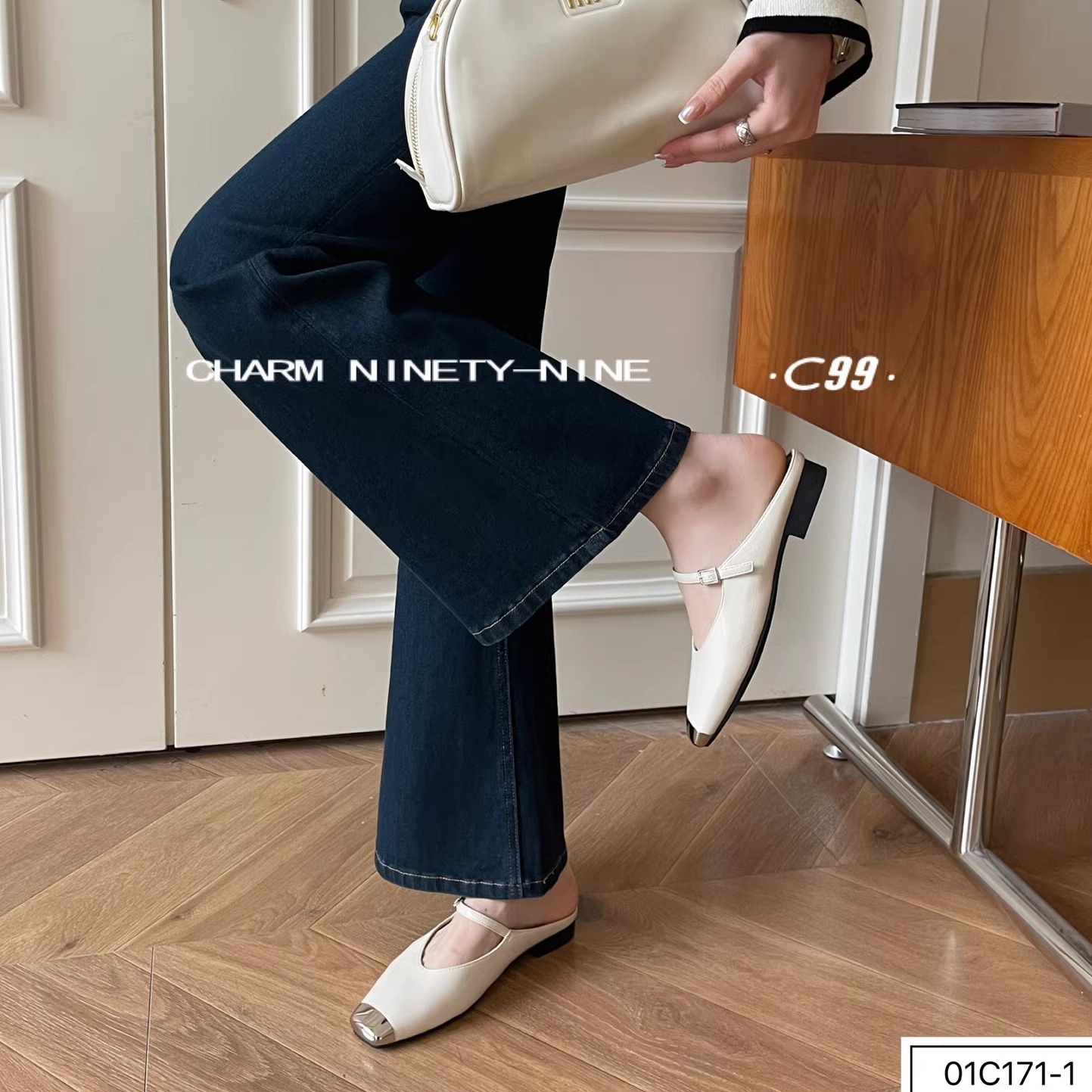 【C99】半拖鞋女2025春新款金属方头一字扣带玛丽珍鞋01C171-1