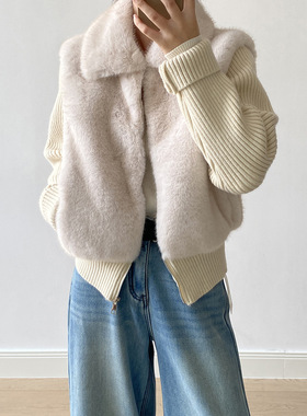 言双 时髦设计感针织毛毛外套女 冬季修身仿皮草毛衣假两件H8309