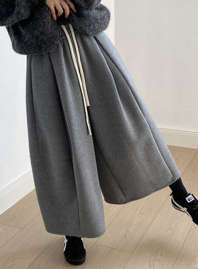 言双 韩系松紧腰抽绳软糯阔腿气球裤秋冬宽松显瘦休闲九分裤82678