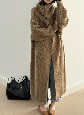 言双 大翻领长款针织开衫女 冬季慵懒感宽松纯色毛衣外套P913