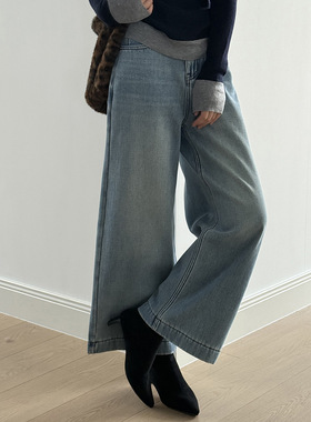 言双 韩版高腰加绒直筒牛仔裤女冬季宽松阔腿休闲裤含腰带981316