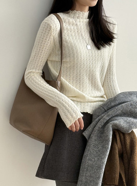 言双 纯色半高领镂空蕾丝针织衫女 秋冬软糯百搭显瘦打底上衣P312