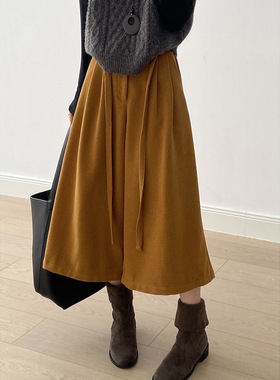 言双 复古系带加厚七分阔腿裤女 秋冬高腰显瘦宽松休闲裤82677