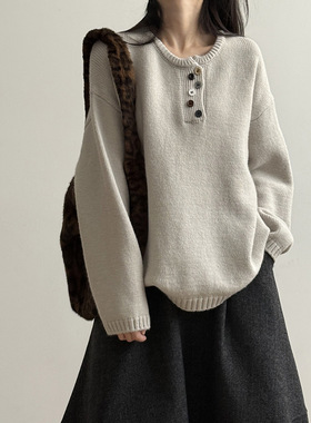 言双 韩系软糯半开圆领毛衣女冬季温柔风宽松内搭慵懒针织衫P6627