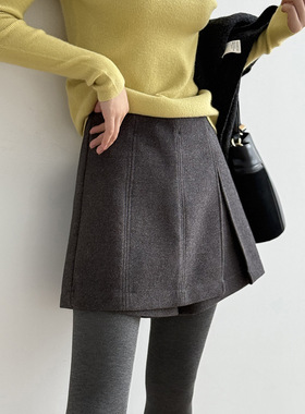 言双 设计感高腰开叉毛呢裙裤 冬季韩系复古休闲加厚a字短裤82682