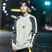 Áo len nam Ba Shao 2019 mùa thu mới áo len đen thêu cổ tròn áo len chui đầu cộng với chất béo size lớn - Hàng dệt kim