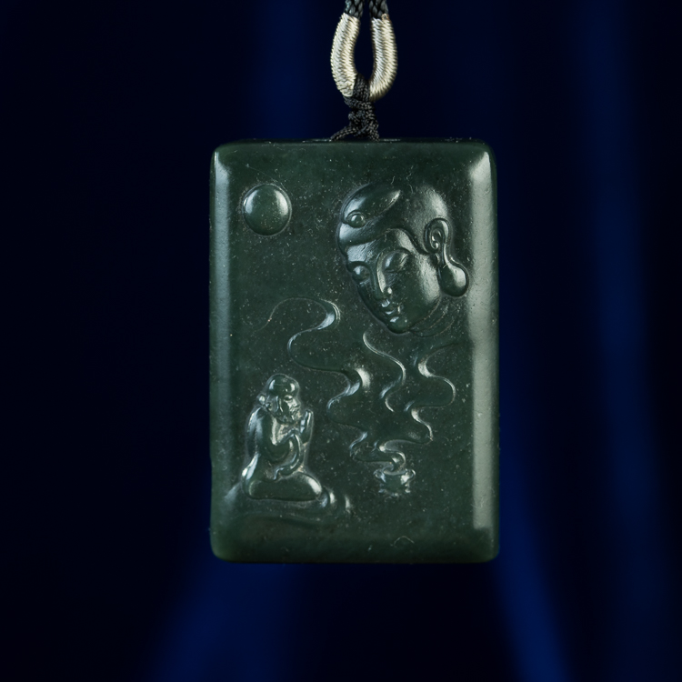 清代老料天然和田碧玉浅浮雕刻无事方牌意境问佛题材佛牌吊坠项链