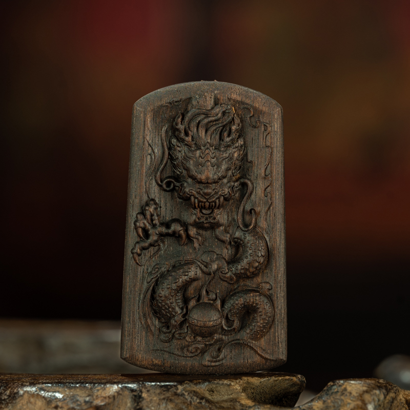 越南芽庄老熟结奇楠沉香精雕神龙献瑞牌老佛牌挂件项链吊坠收藏品