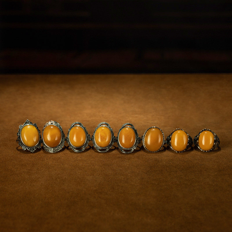 波兰原镶古董氧化满色浓郁蜜蜡纯银戒指指环一组精美收藏品包邮