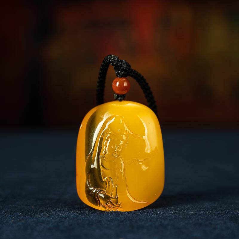 文玩精品天然原矿自然氧化俄料半蜜半珀蜜蜡观音意境挂牌吊坠收藏