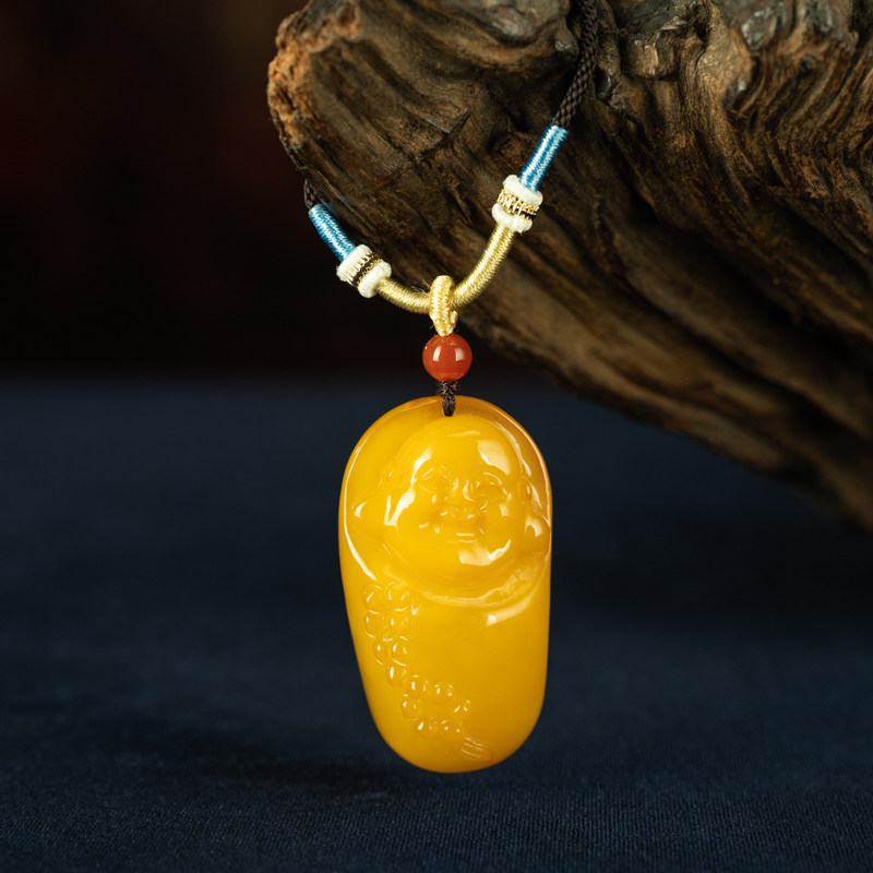 10年自然氧化俄料蜜蜡笑口常开弥勒佛挂牌挂件项链吊坠精品收藏