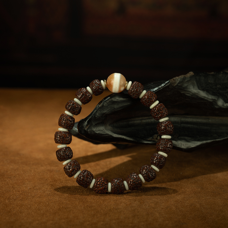 【秒杀】藏传衍生老天珠 镶蚀白药师线珠搭配老金刚菩提多宝手串