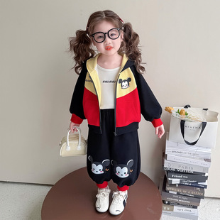 女童卡通套装春装2026新款儿童连帽卫衣开衫两件套春秋宝宝运动服