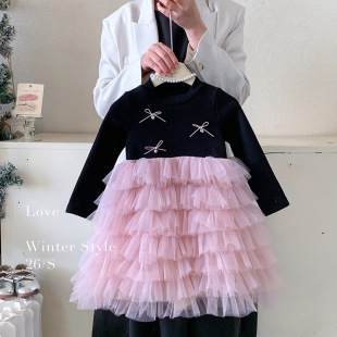 韩版女童连衣裙冬装2026新款洋气女童长袖加绒网纱蝴蝶结连衣裙