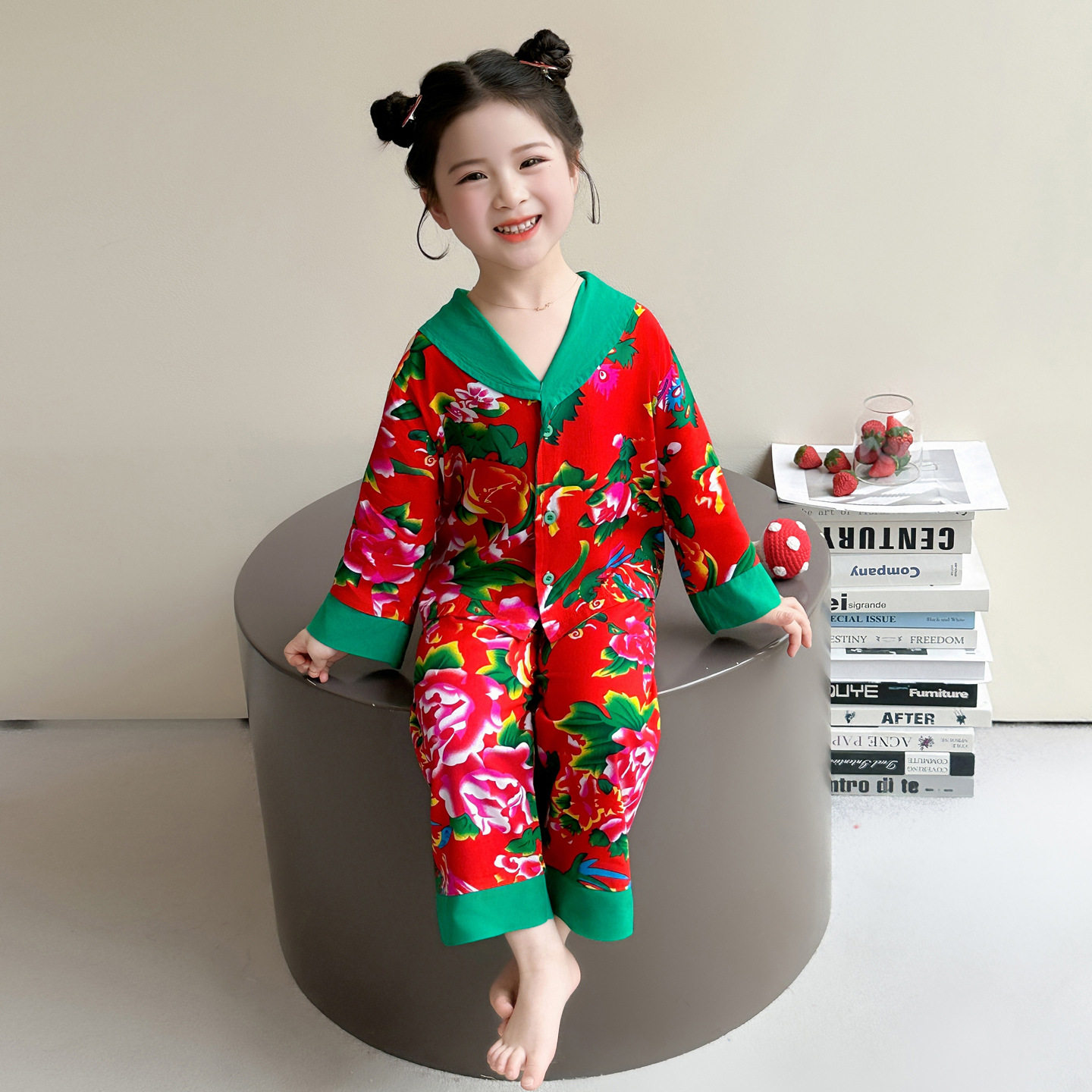 女童睡衣套装春秋新款长袖长裤花布翻领开衫女宝宝东北大花家居服