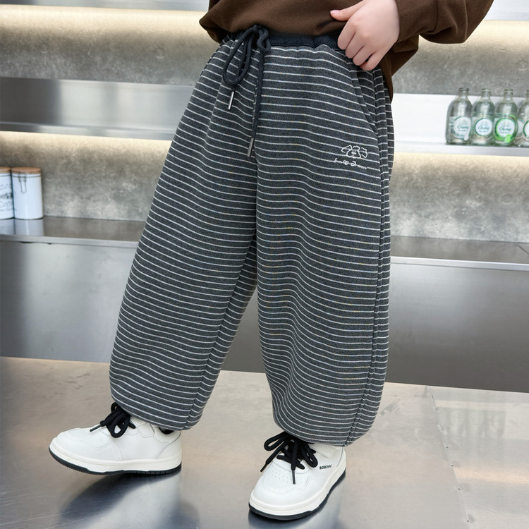 男童冬装条纹加绒休闲裤2025新款女童一体绒款式运动裤宝宝长裤潮