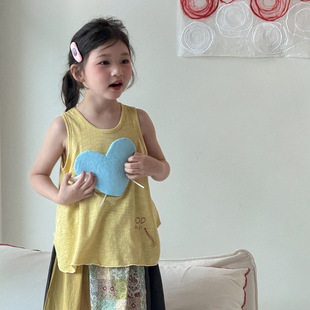 女童黄色纯棉背心春季新品韩系女宝宝休闲宽松百搭刺绣无袖上衣潮